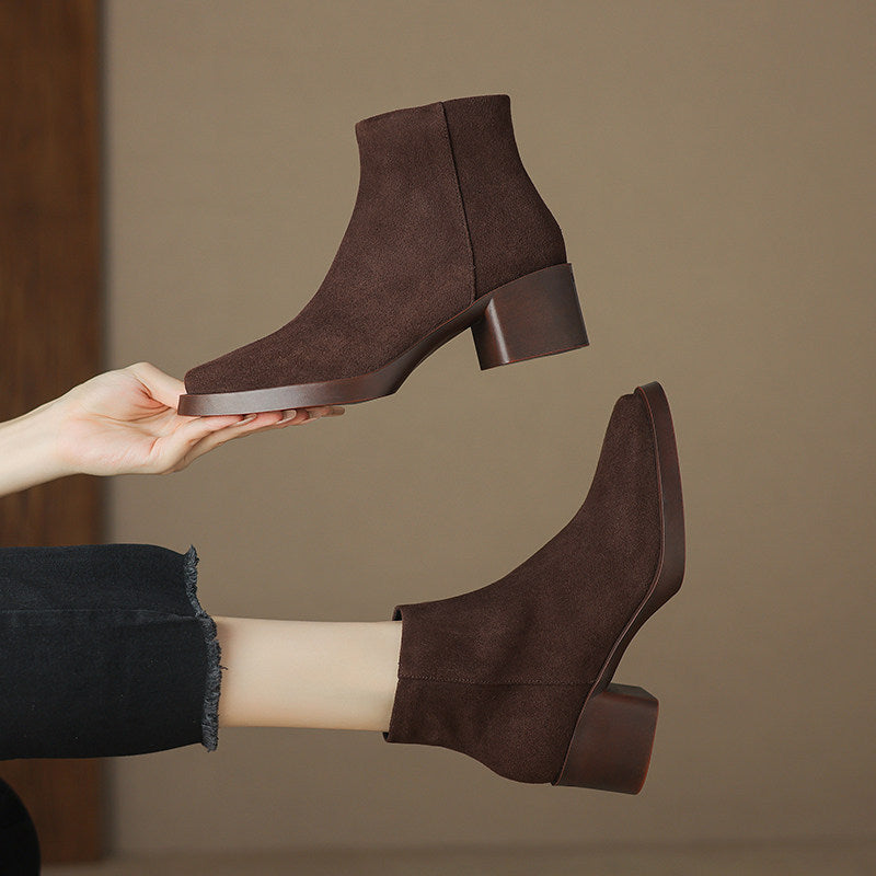 Genuine Leather Vintage Ankle Boots with Chunky Heel