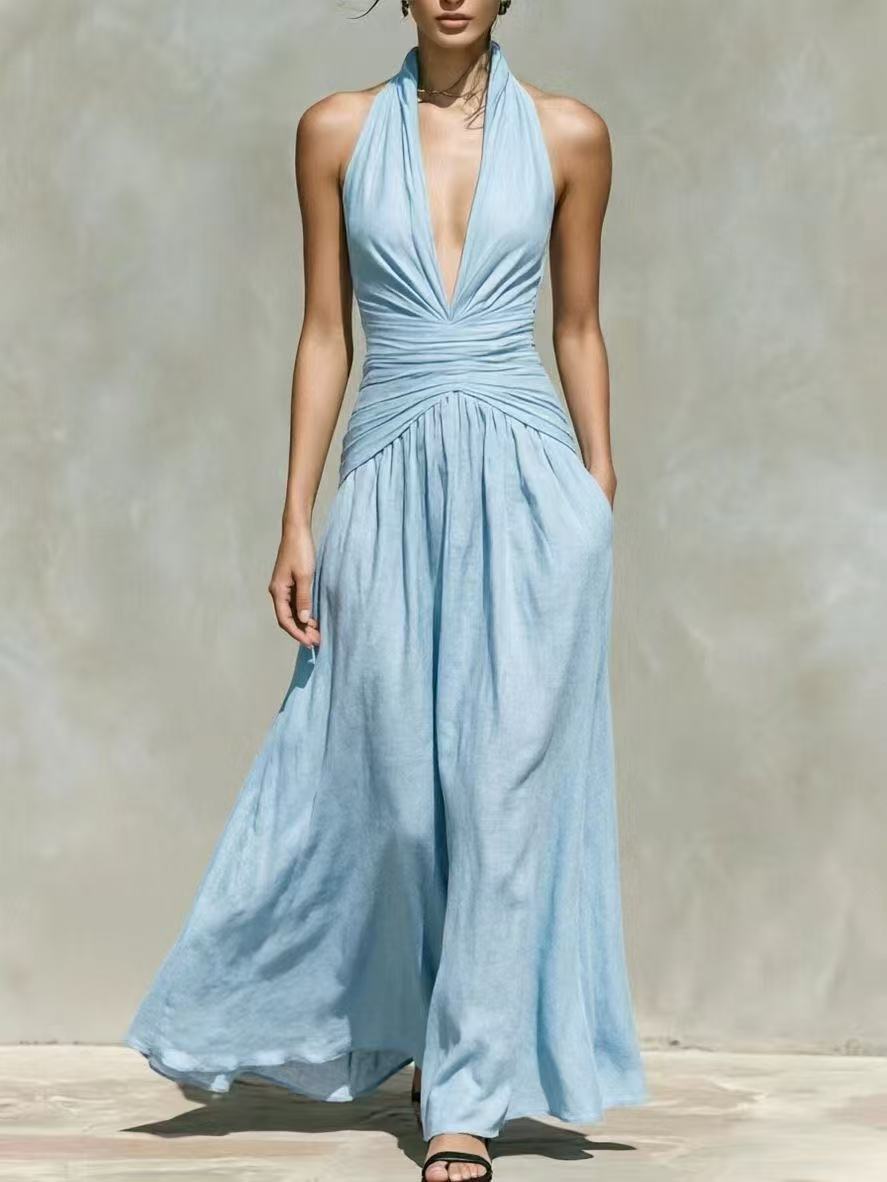 Elegant Halter Neck Deep V-Neck Dress