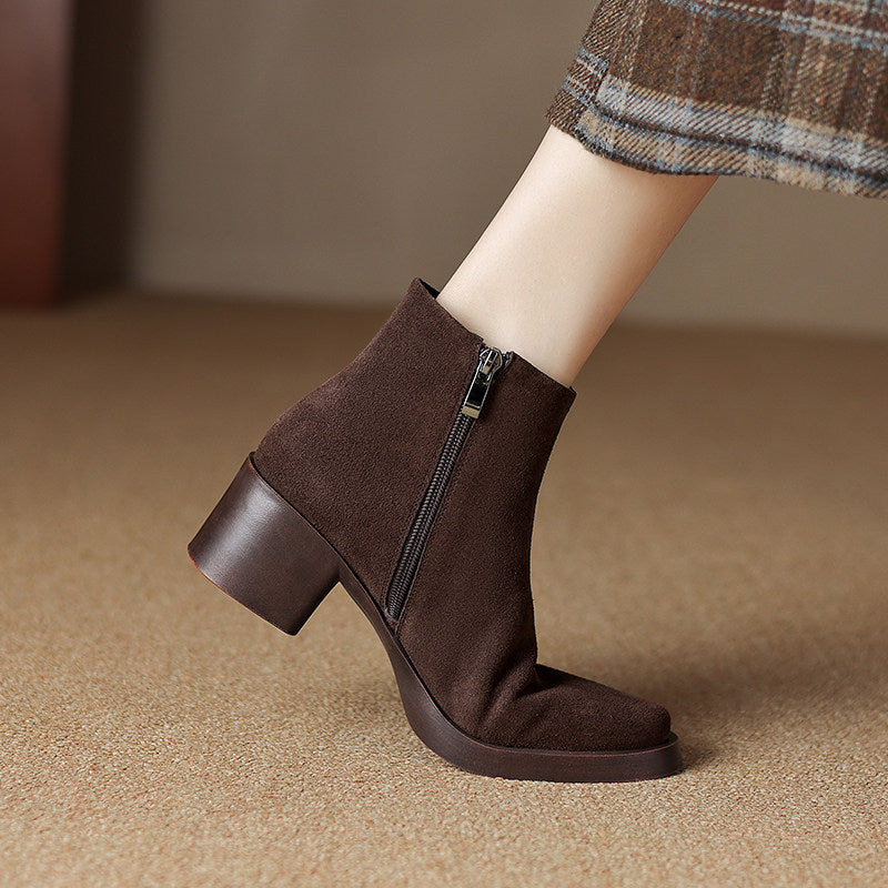 Genuine Leather Vintage Ankle Boots with Chunky Heel