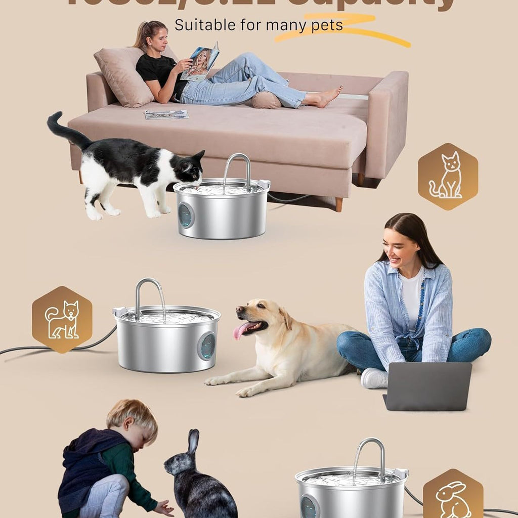 3.2L Stainless Steel Pet Water Fountain with Quiet Pump
