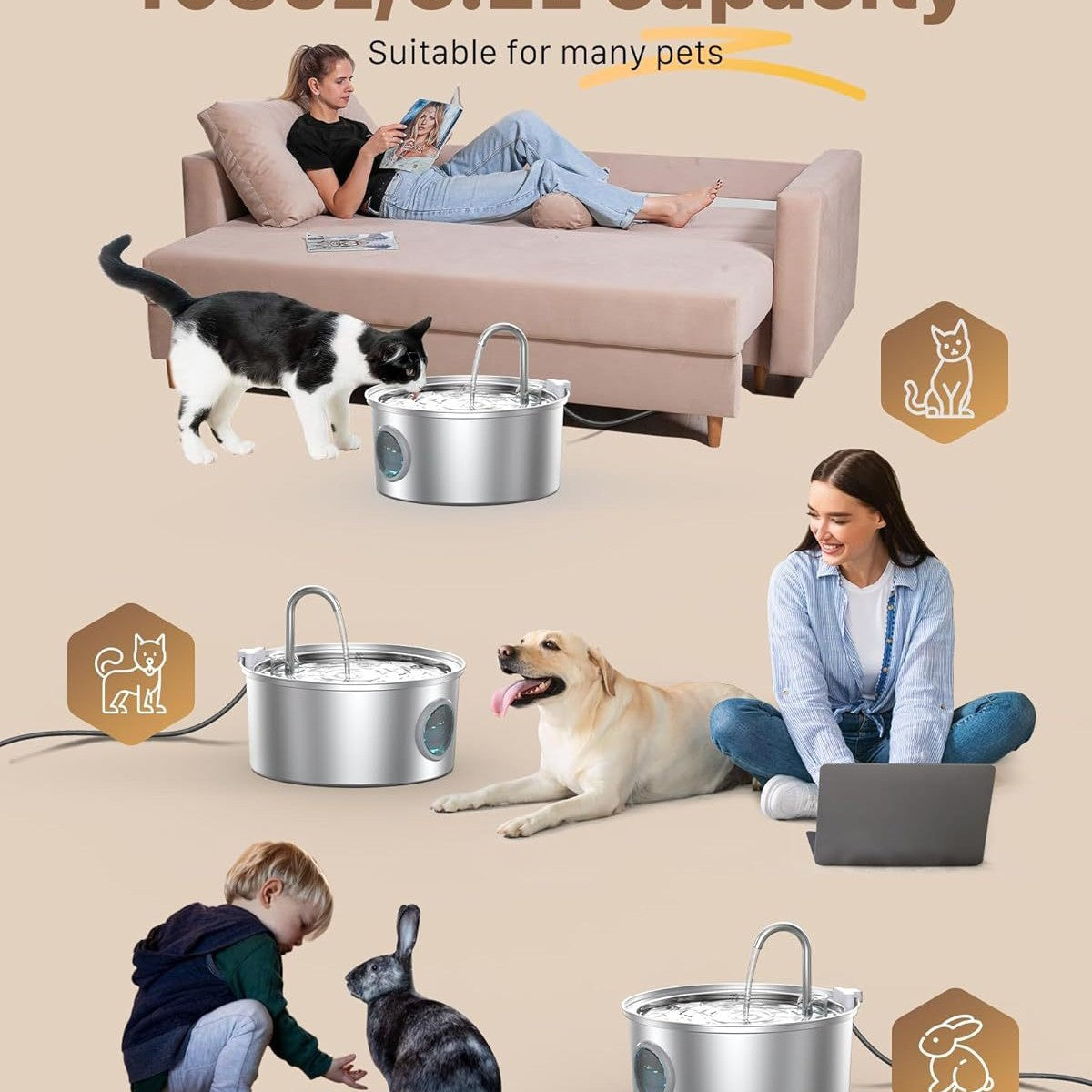 3.2L Stainless Steel Pet Water Fountain with Quiet Pump