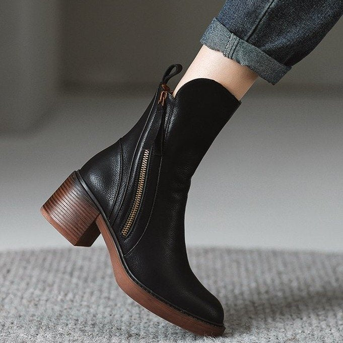 Womens Vintage Chunky Heel Ankle Boots