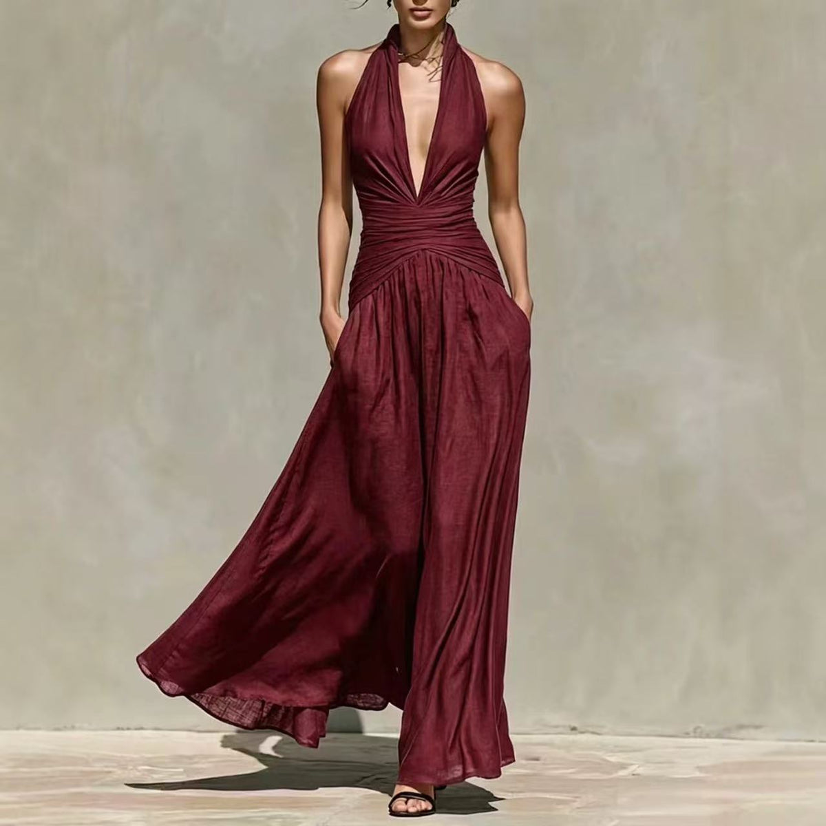 Elegant Halter Neck Deep V-Neck Dress