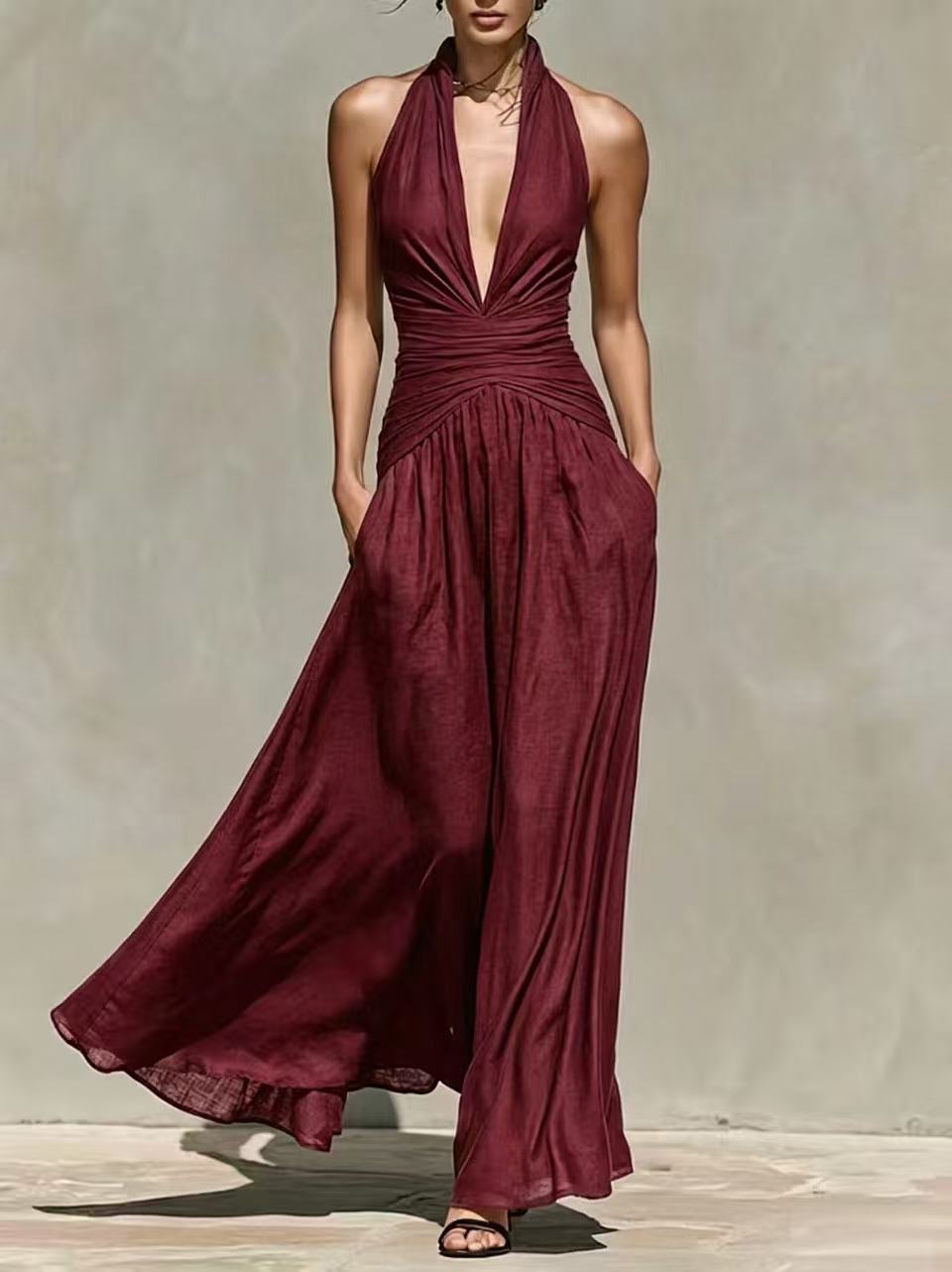 Elegant Halter Neck Deep V-Neck Dress
