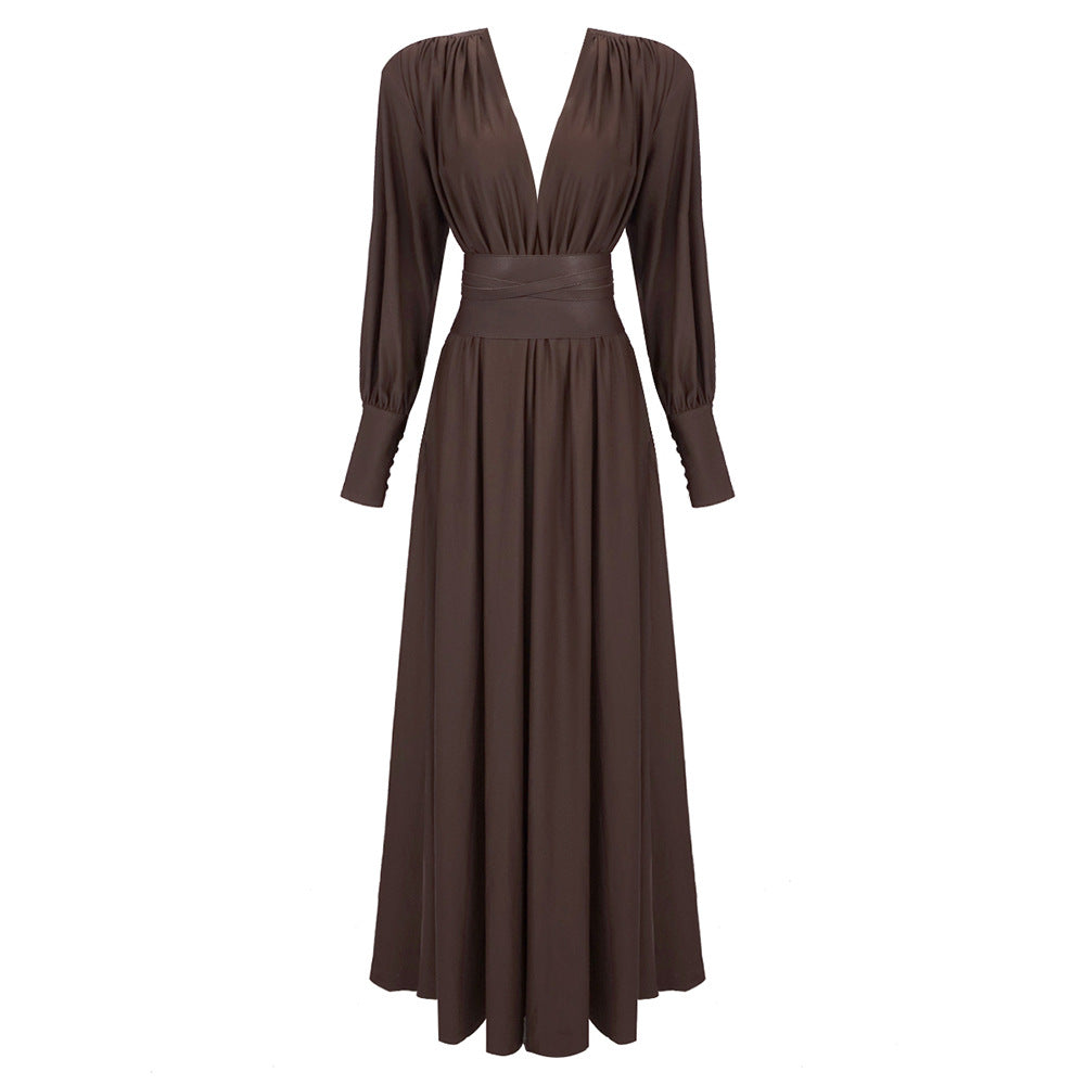 French-Style Pleated Dress with V-Neck Long Sleeves