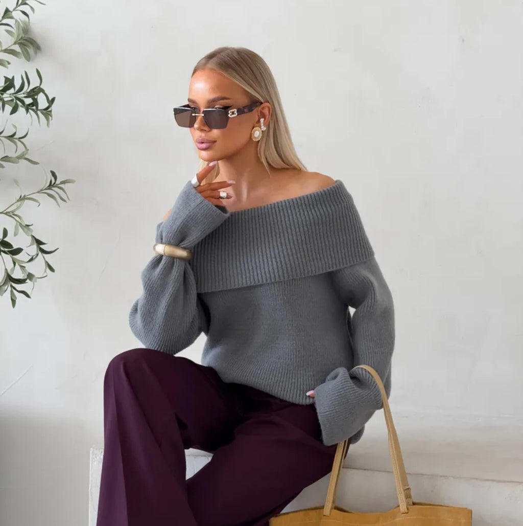 Autumn Winter Solid Color Sexy Slim-Fit Off-Shoulder Sweater with Lapel Collar