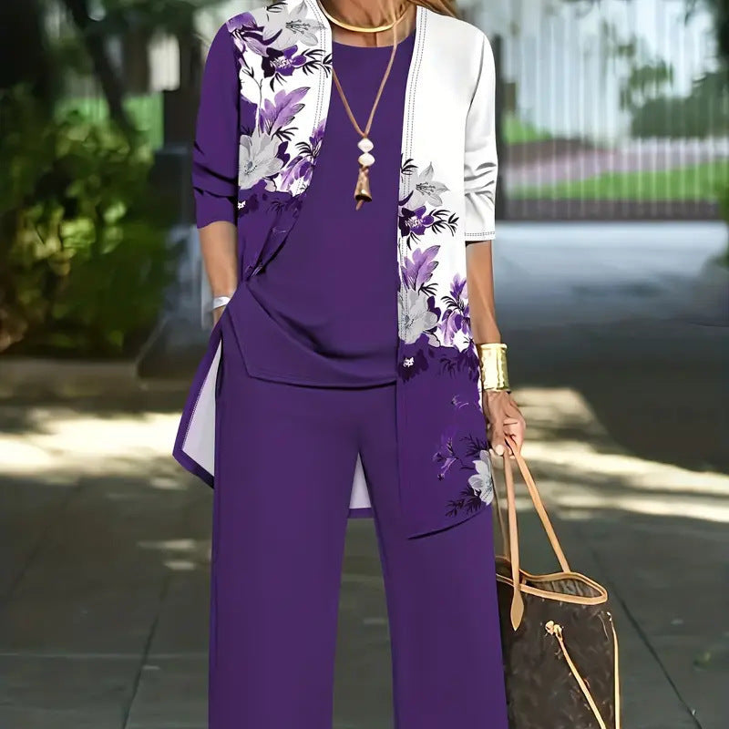 Womens Casual Printed Long Sleeve Cardigan Top and Pants Set
