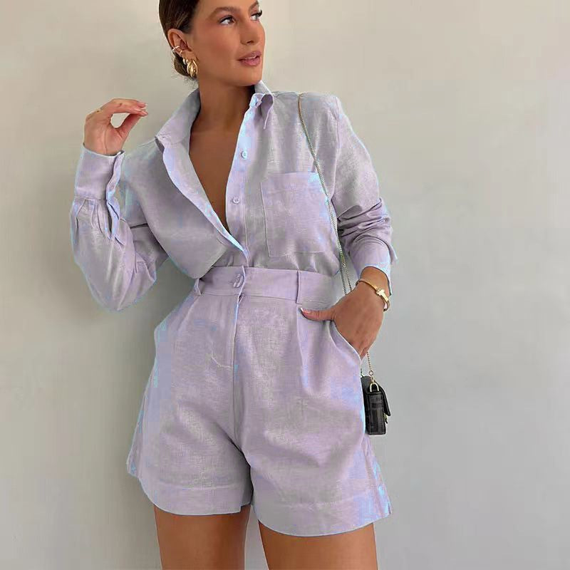 Womens Loose Solid Color Casual Shirt High Waist Shorts Two Piece Set