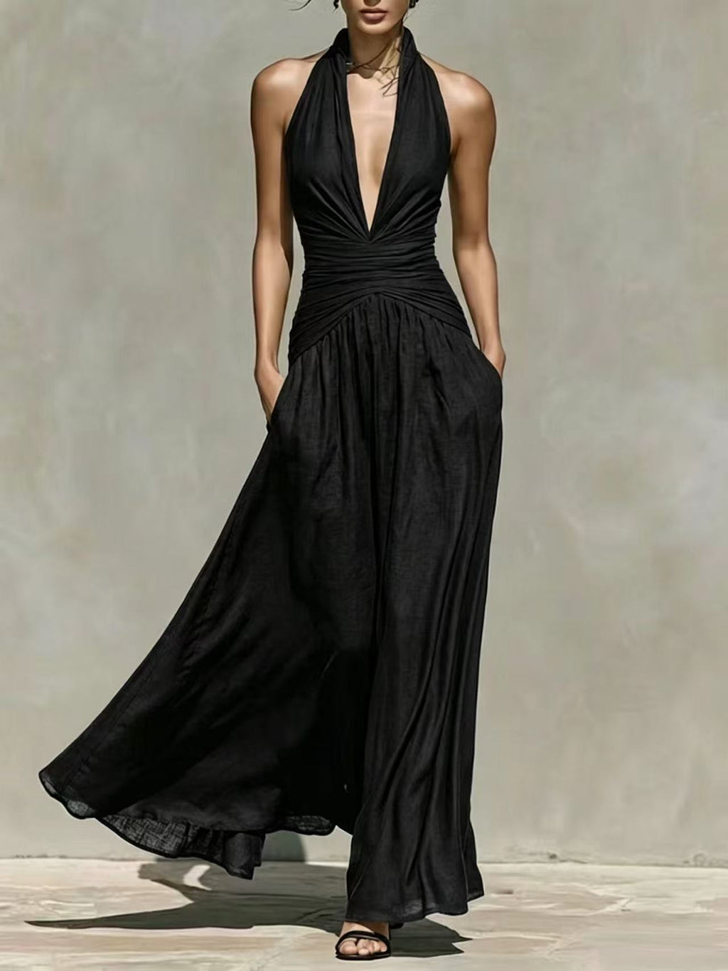 Elegant Halter Neck Deep V-Neck Dress