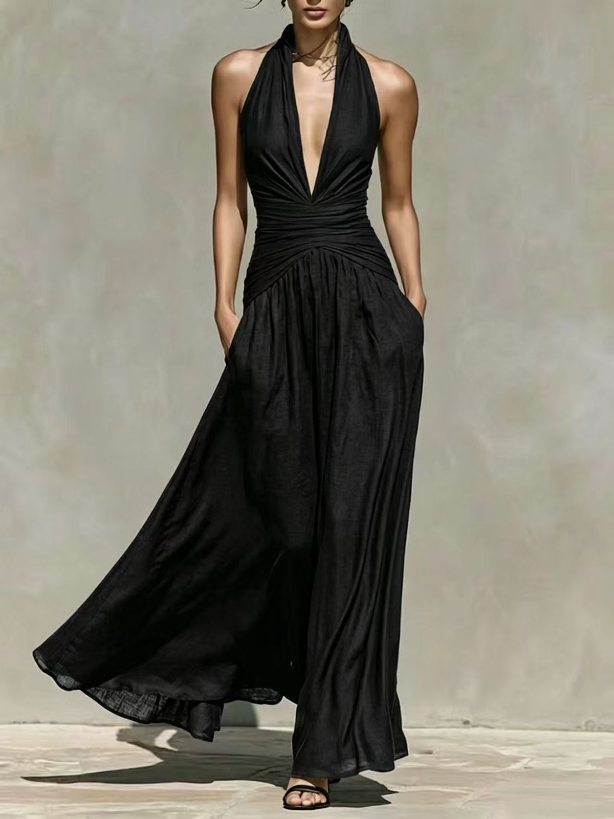 Elegant Halter Neck Deep V-Neck Dress