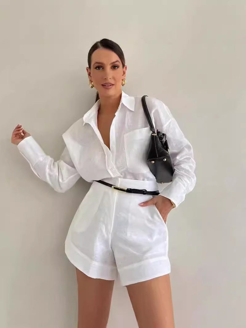 Womens Loose Solid Color Casual Shirt High Waist Shorts Two Piece Set