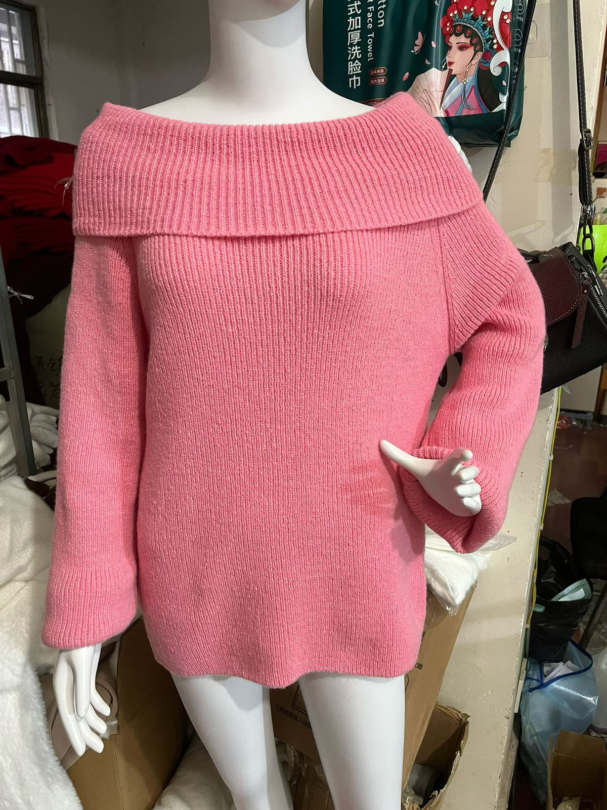 Autumn Winter Solid Color Sexy Slim-Fit Off-Shoulder Sweater with Lapel Collar