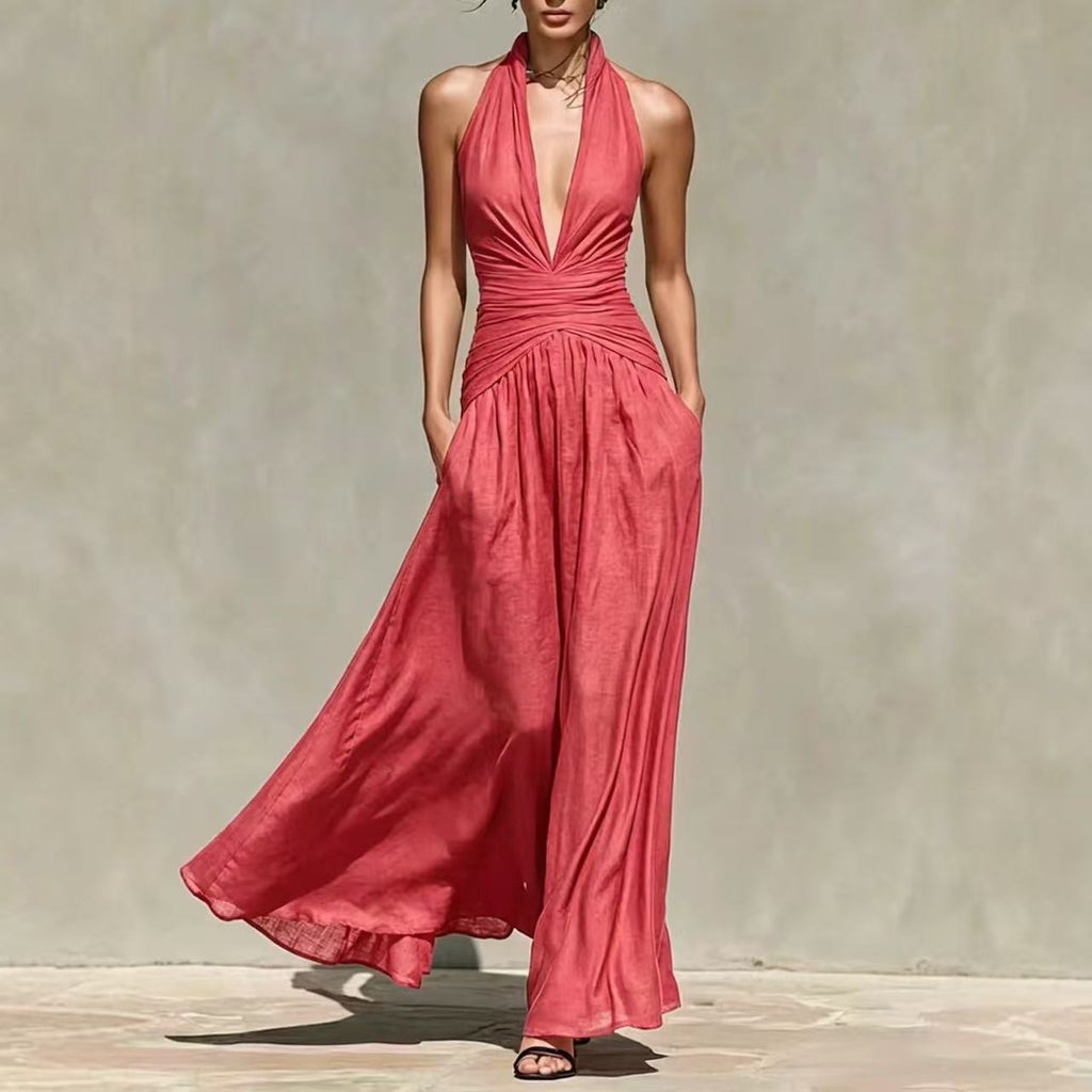 Elegant Halter Neck Deep V-Neck Dress