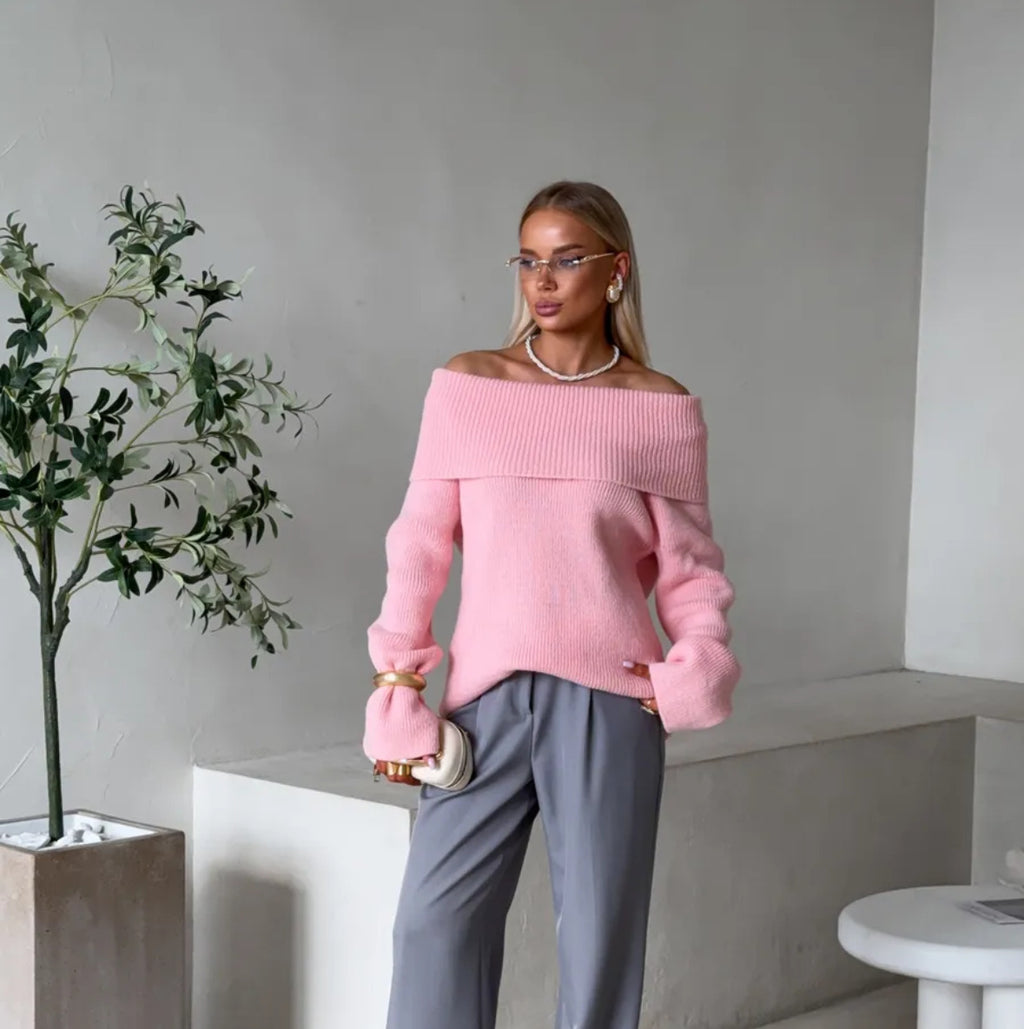 Autumn Winter Solid Color Sexy Slim-Fit Off-Shoulder Sweater with Lapel Collar
