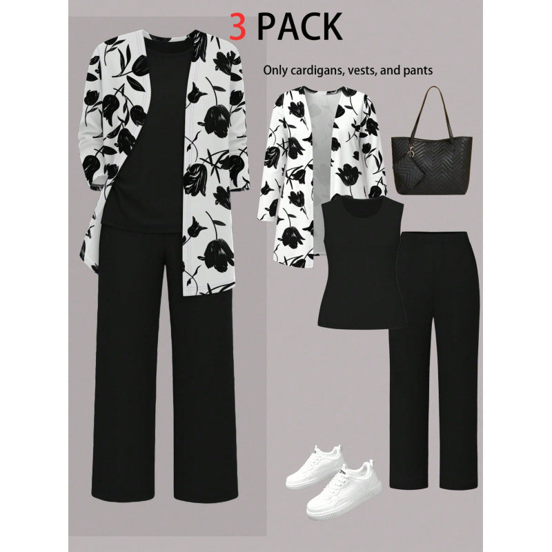Womens Casual Printed Long Sleeve Cardigan Top and Pants Set
