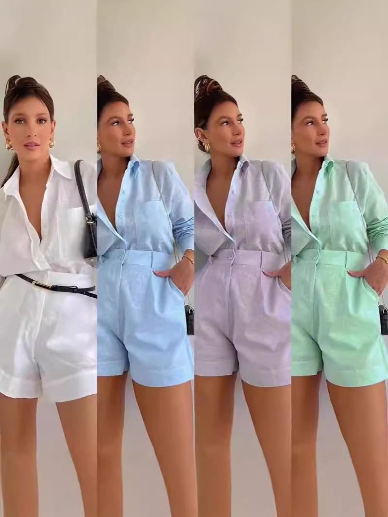 Womens Loose Solid Color Casual Shirt High Waist Shorts Two Piece Set