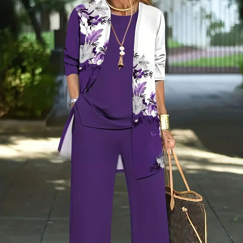 Womens Casual Printed Long Sleeve Cardigan Top and Pants Set