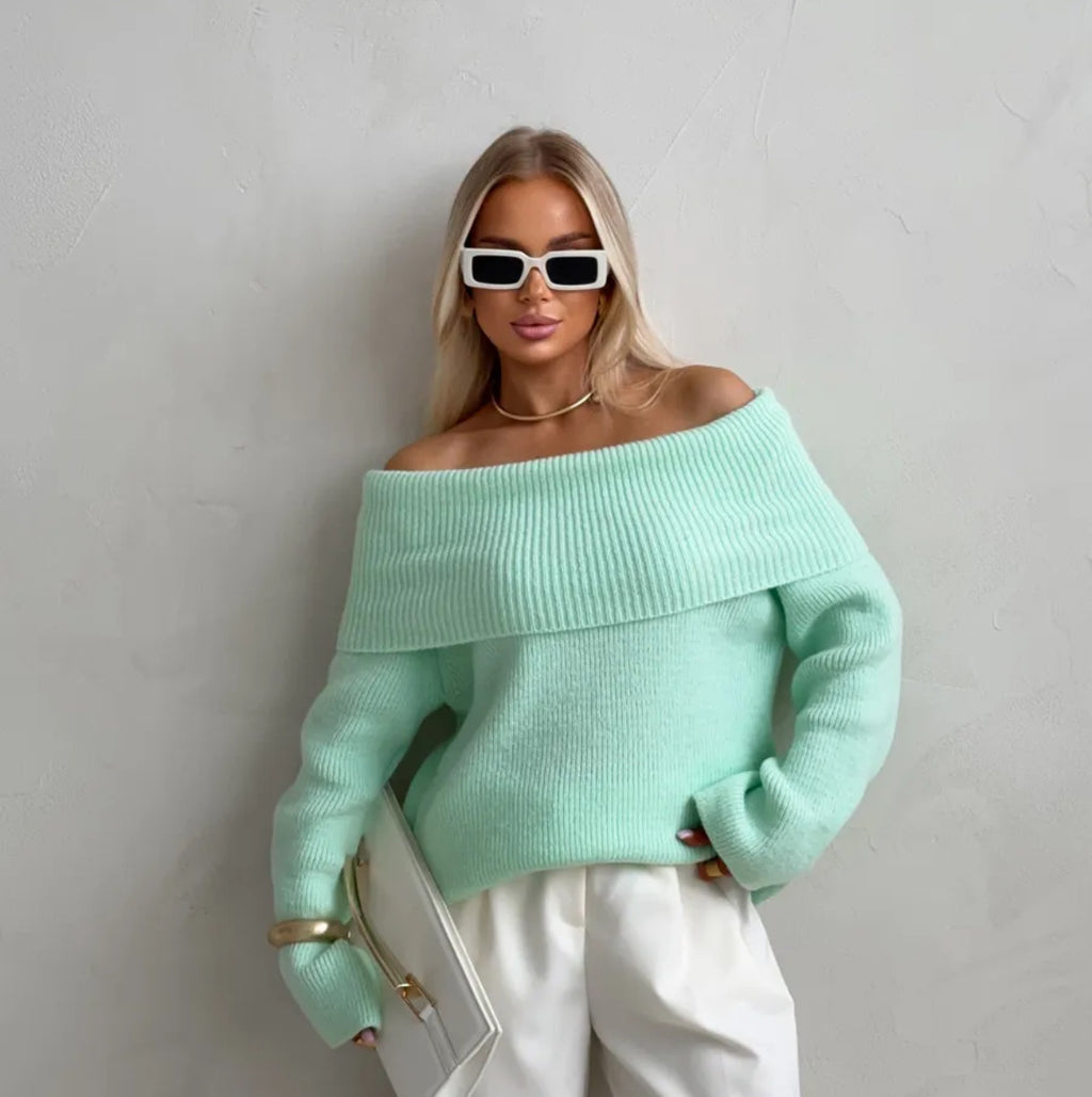 Autumn Winter Solid Color Sexy Slim-Fit Off-Shoulder Sweater with Lapel Collar
