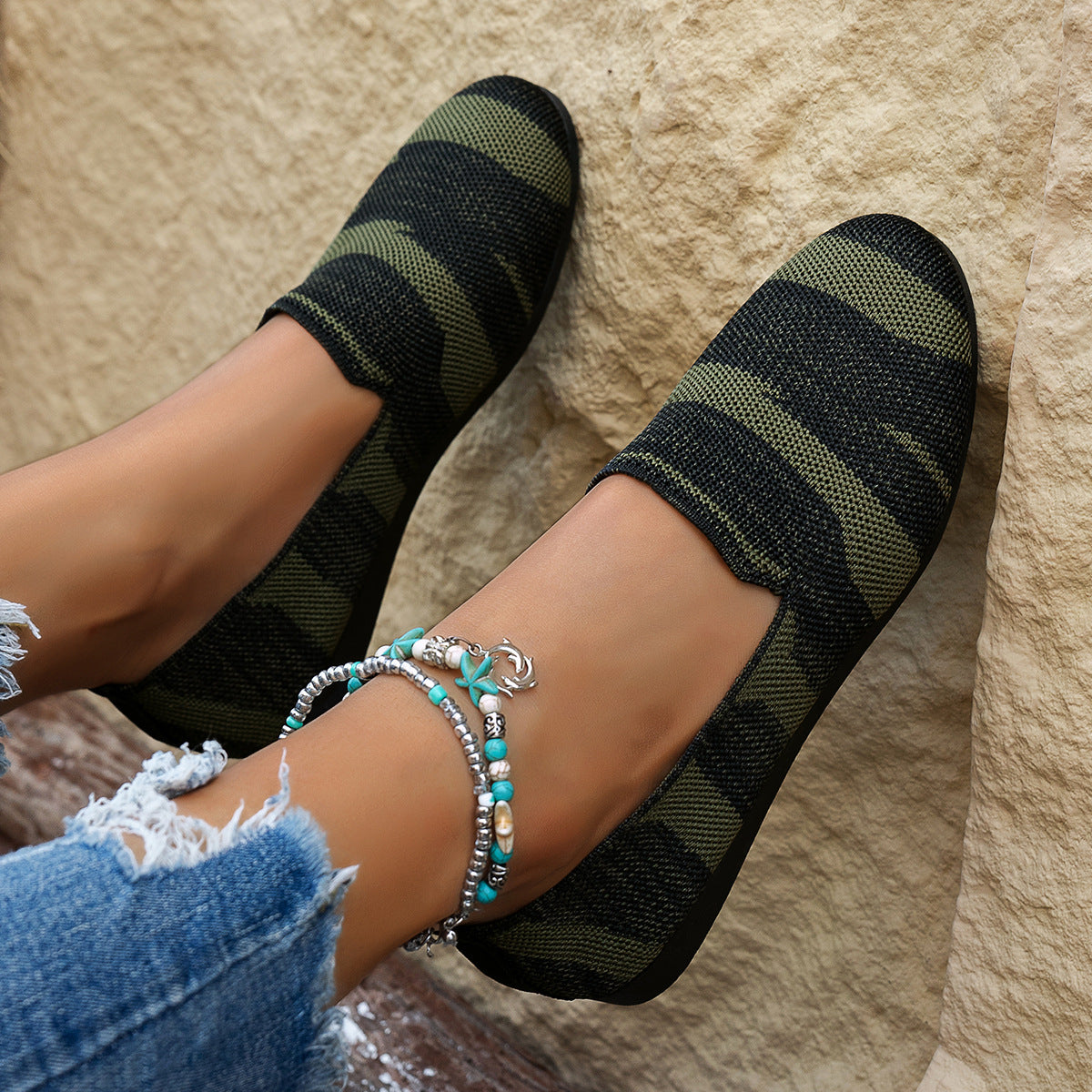 Womens Casual Knitted Slip On Flat Shoes