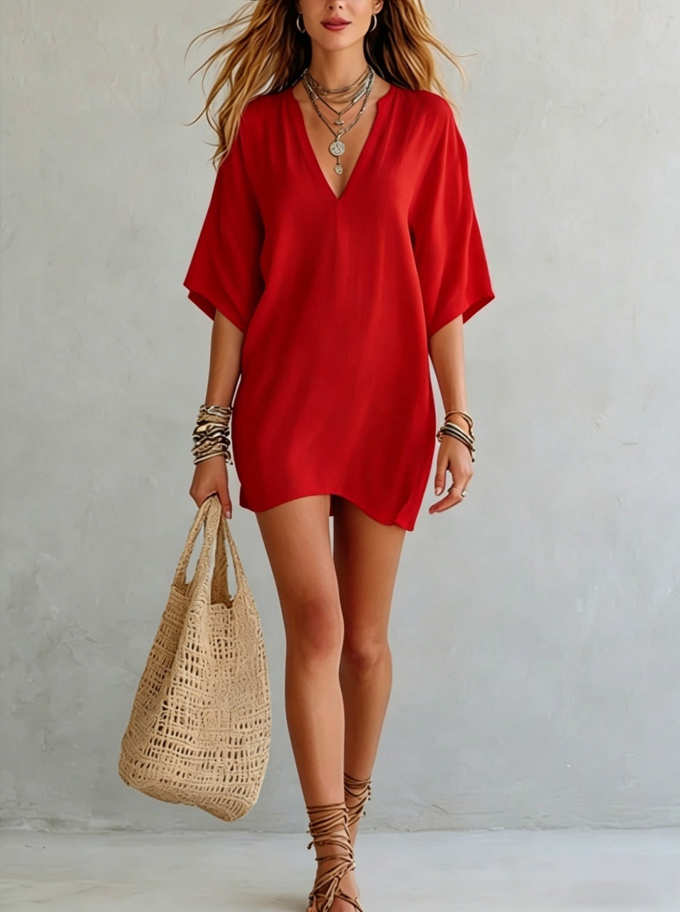 Womens V-Neck Loose Fit Pure Color Dress