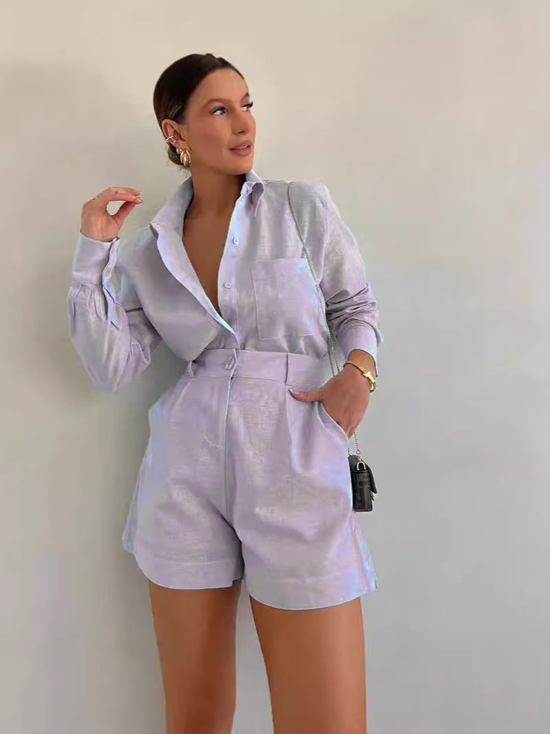 Womens Loose Solid Color Casual Shirt High Waist Shorts Two Piece Set