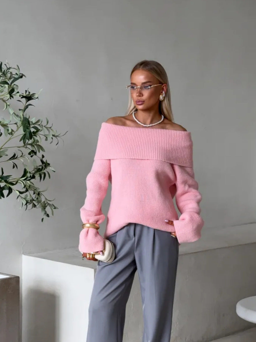 Autumn Winter Solid Color Sexy Slim-Fit Off-Shoulder Sweater with Lapel Collar