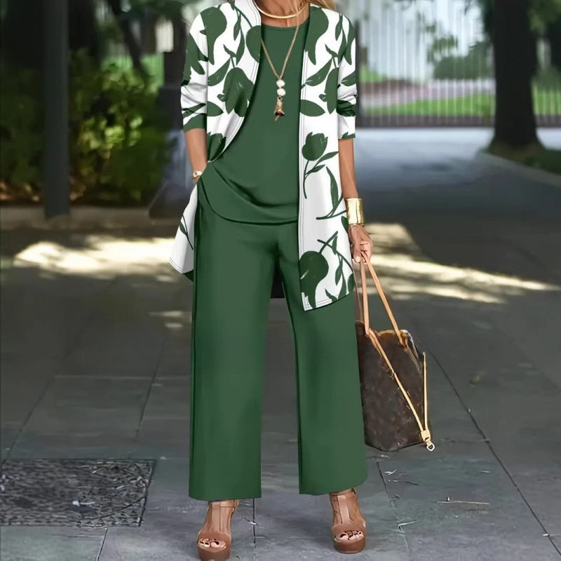 Womens Casual Printed Long Sleeve Cardigan Top and Pants Set