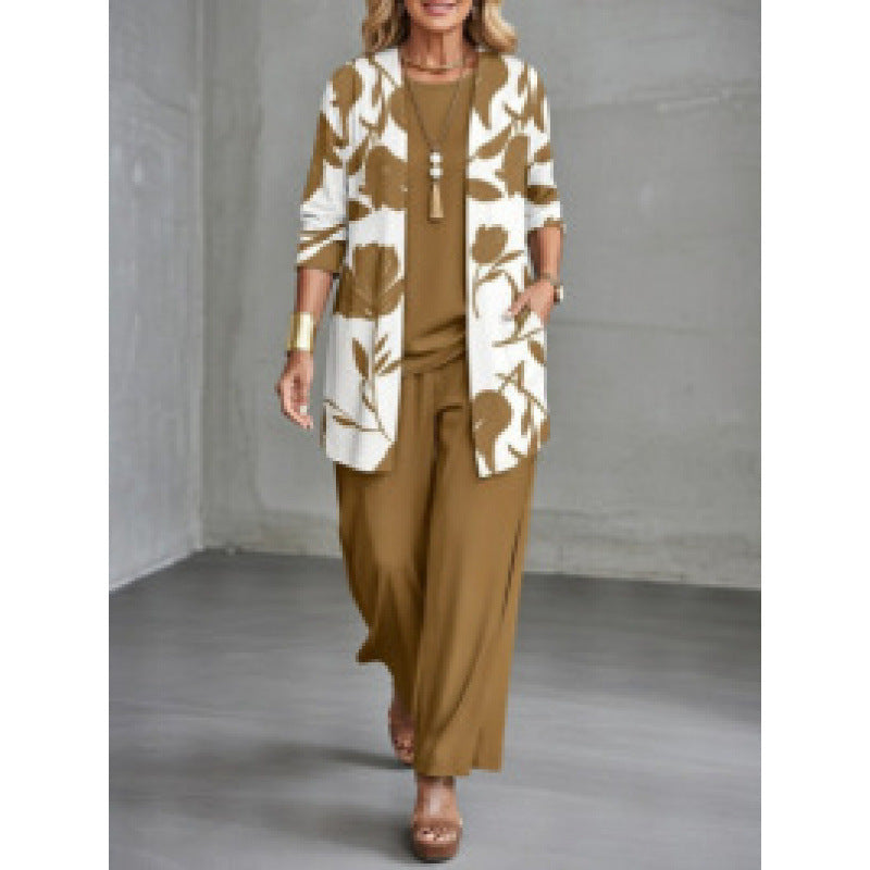 Womens Casual Printed Long Sleeve Cardigan Top and Pants Set