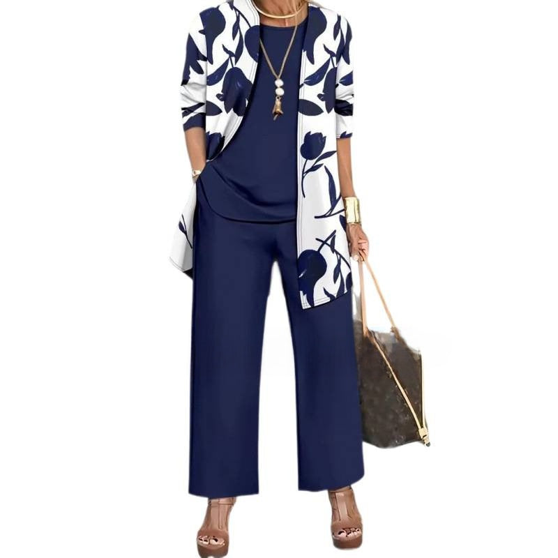 Womens Casual Printed Long Sleeve Cardigan Top and Pants Set