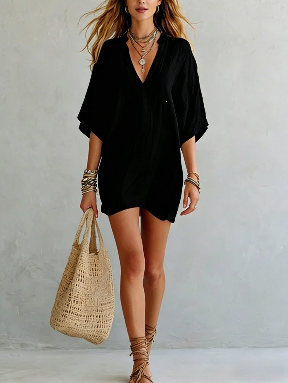 Womens V-Neck Loose Fit Pure Color Dress