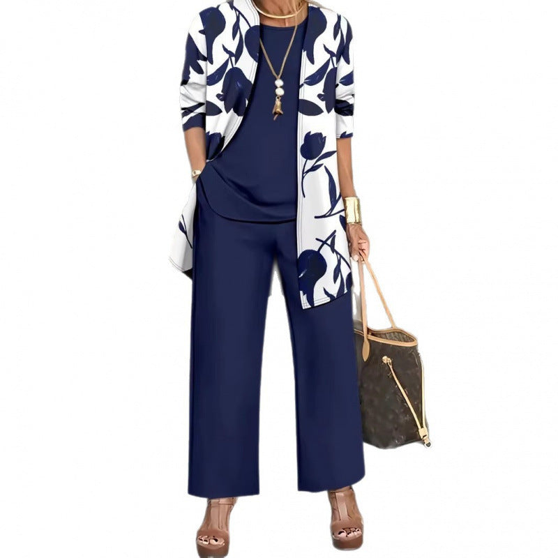 Womens Casual Printed Long Sleeve Cardigan Top and Pants Set
