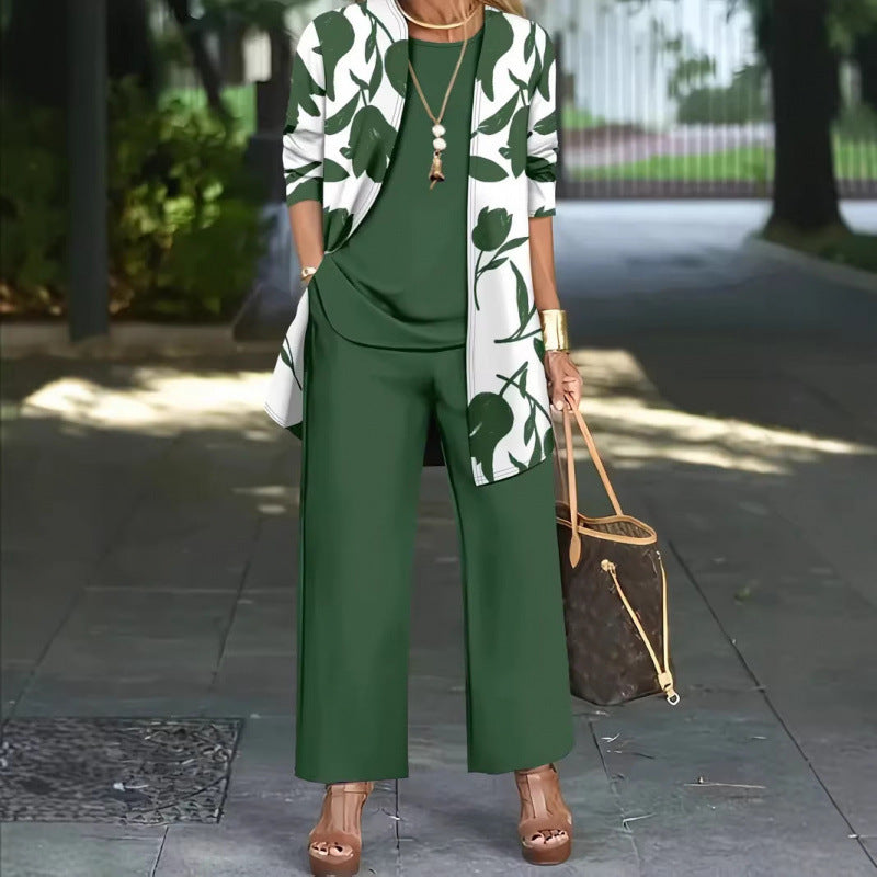 Womens Casual Printed Long Sleeve Cardigan Top and Pants Set