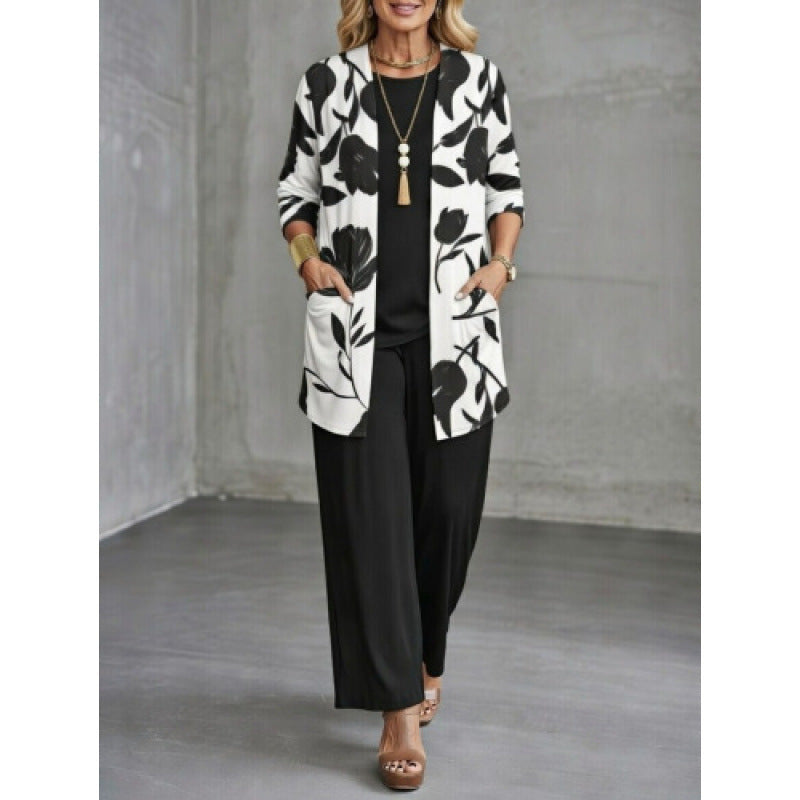 Womens Casual Printed Long Sleeve Cardigan Top and Pants Set