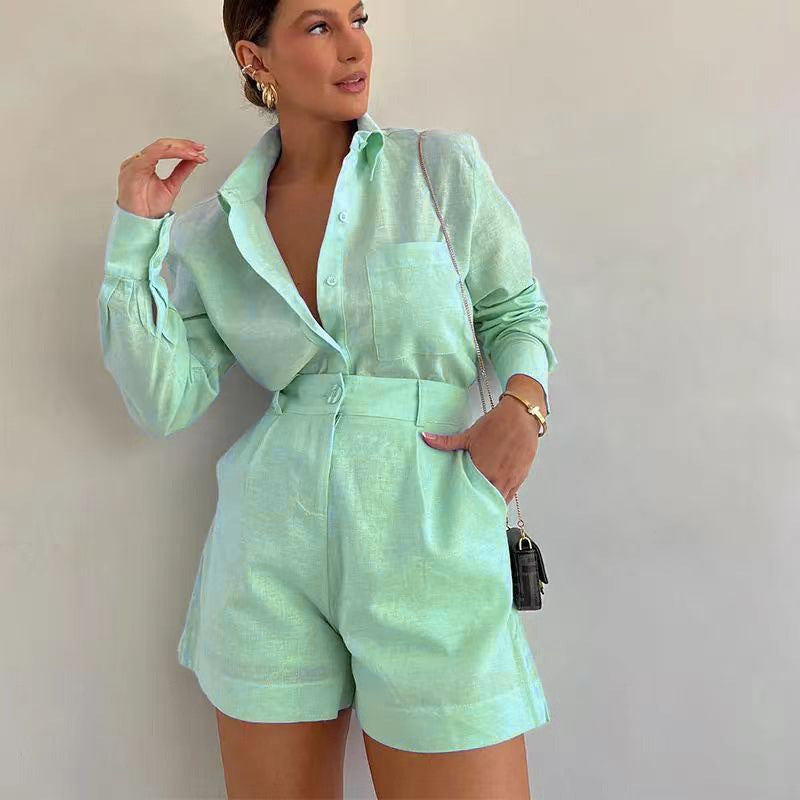 Womens Loose Solid Color Casual Shirt High Waist Shorts Two Piece Set