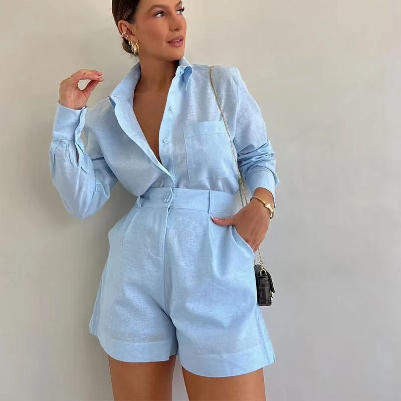 Womens Loose Solid Color Casual Shirt High Waist Shorts Two Piece Set