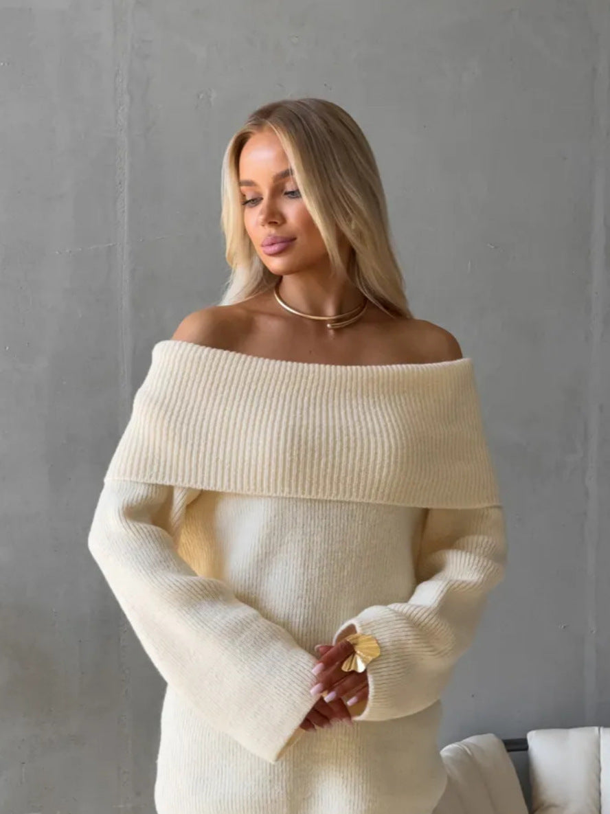 Autumn Winter Solid Color Sexy Slim-Fit Off-Shoulder Sweater with Lapel Collar