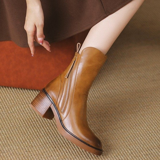 Womens Vintage Chunky Heel Ankle Boots