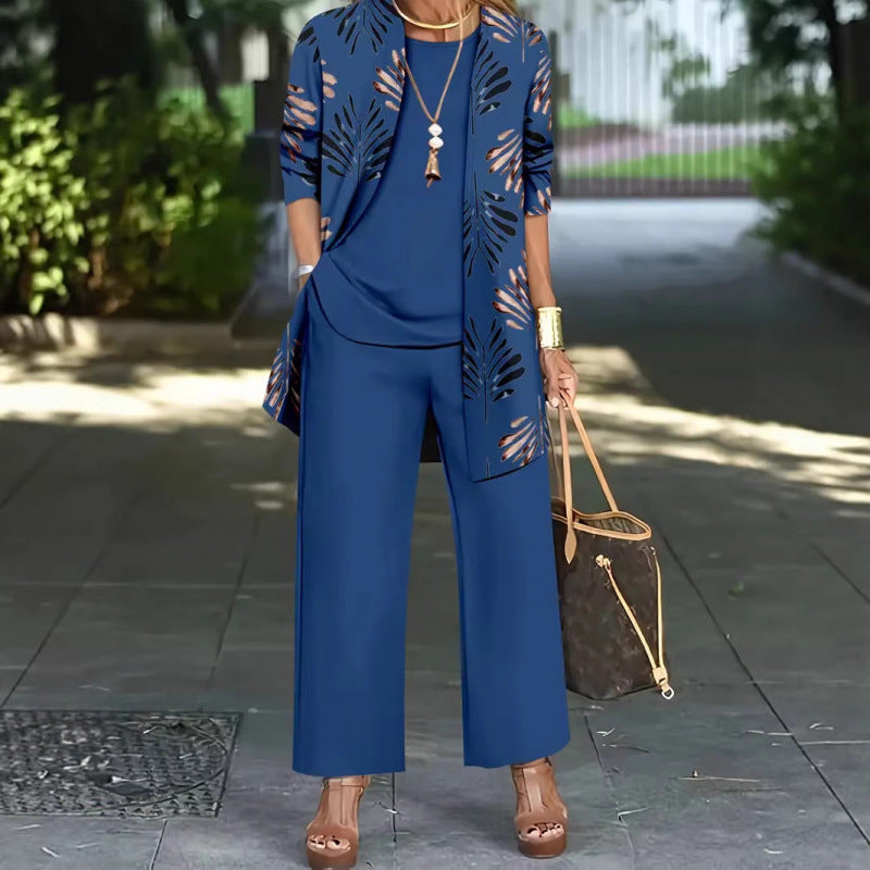 Womens Casual Printed Long Sleeve Cardigan Top and Pants Set