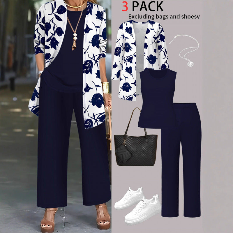 Womens Casual Printed Long Sleeve Cardigan Top and Pants Set