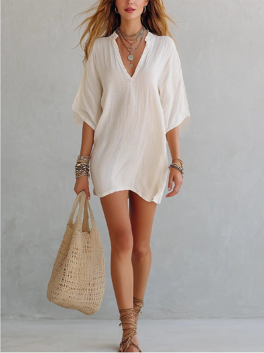Womens V-Neck Loose Fit Pure Color Dress