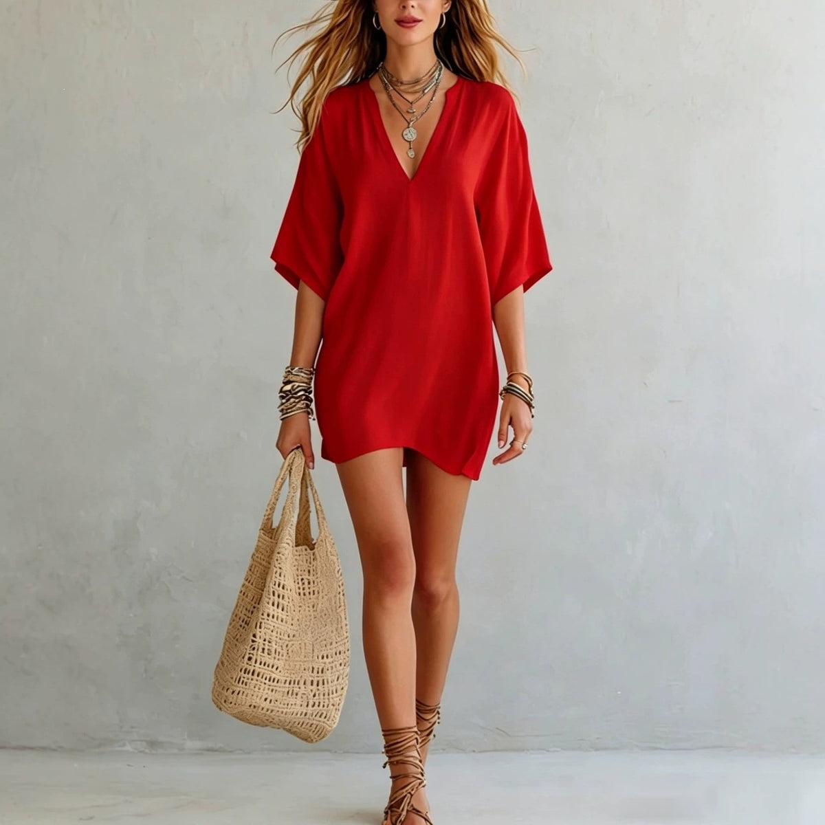 Womens V-Neck Loose Fit Pure Color Dress