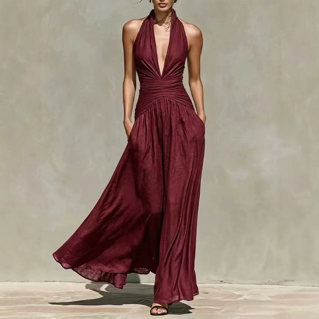 Elegant Halter Neck Deep V-Neck Dress