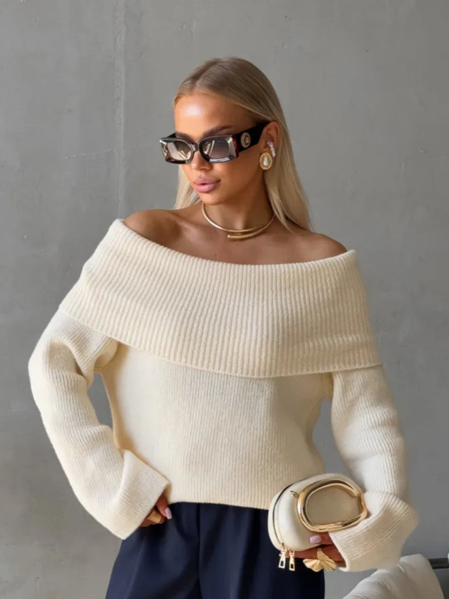 Autumn Winter Solid Color Sexy Slim-Fit Off-Shoulder Sweater with Lapel Collar