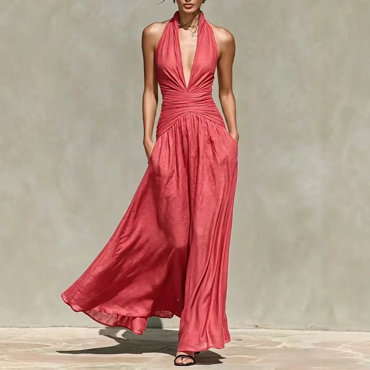 Elegant Halter Neck Deep V-Neck Dress