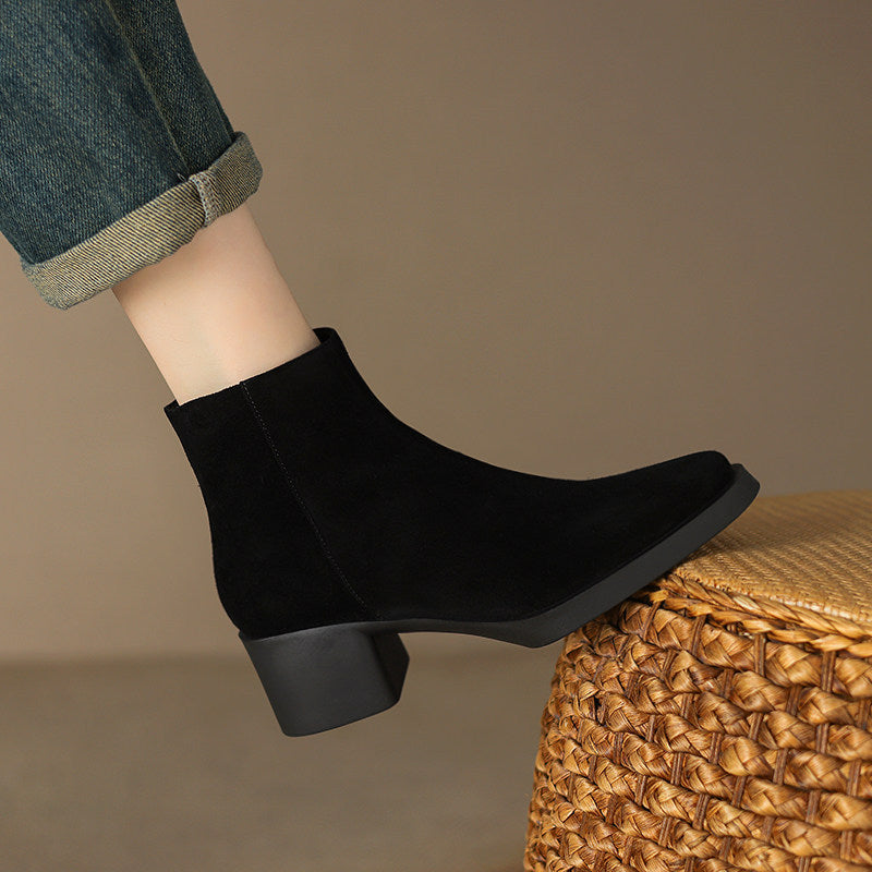 Genuine Leather Vintage Ankle Boots with Chunky Heel