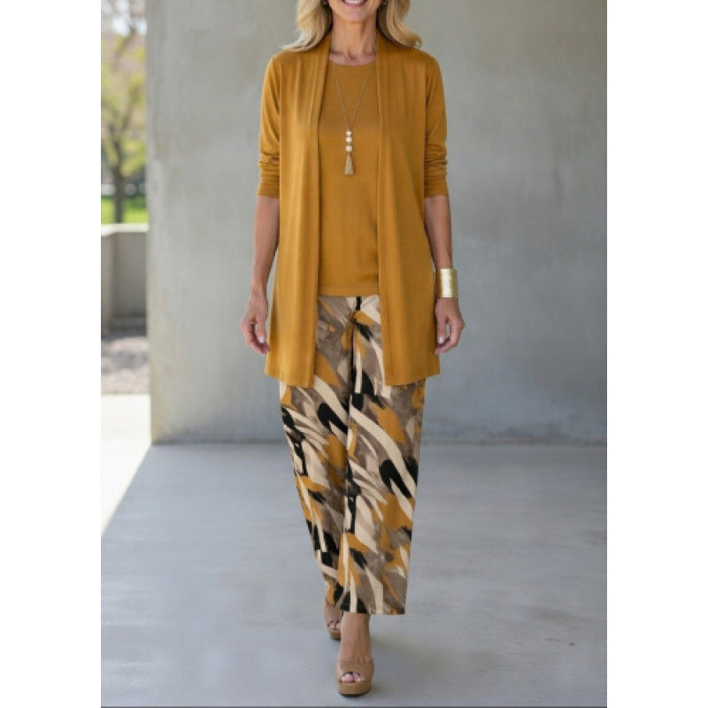 Womens Casual Printed Long Sleeve Cardigan Top and Pants Set