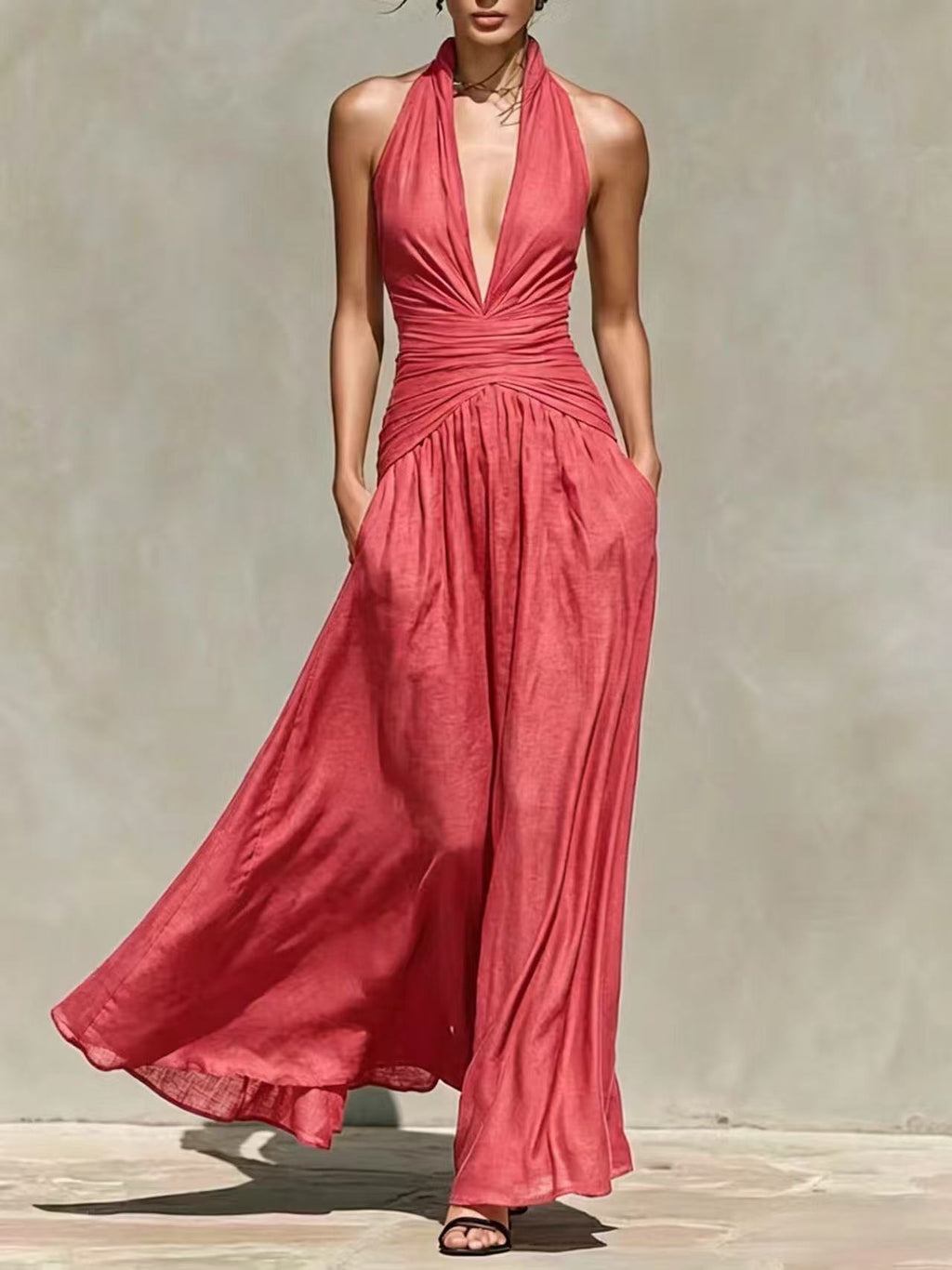 Elegant Halter Neck Deep V-Neck Dress