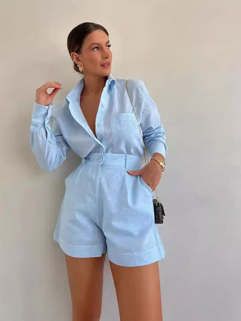 Womens Loose Solid Color Casual Shirt High Waist Shorts Two Piece Set
