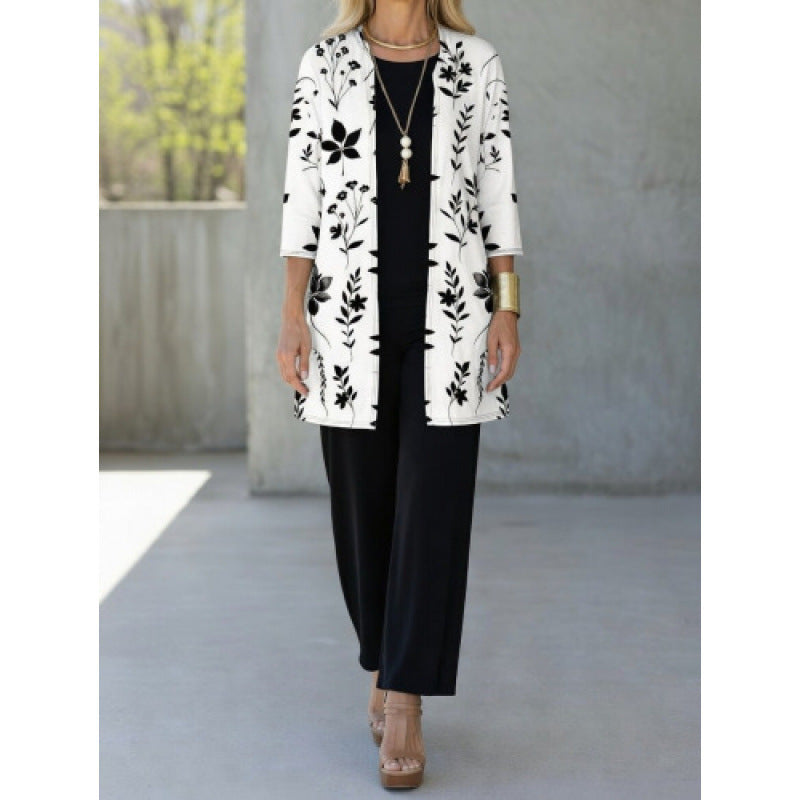 Womens Casual Printed Long Sleeve Cardigan Top and Pants Set