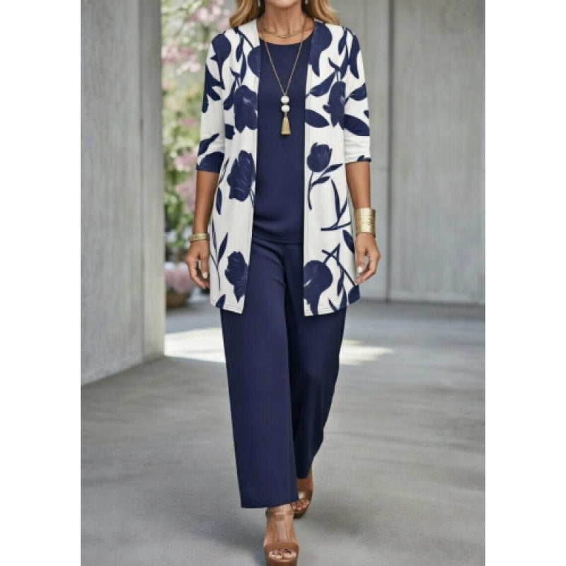 Womens Casual Printed Long Sleeve Cardigan Top and Pants Set